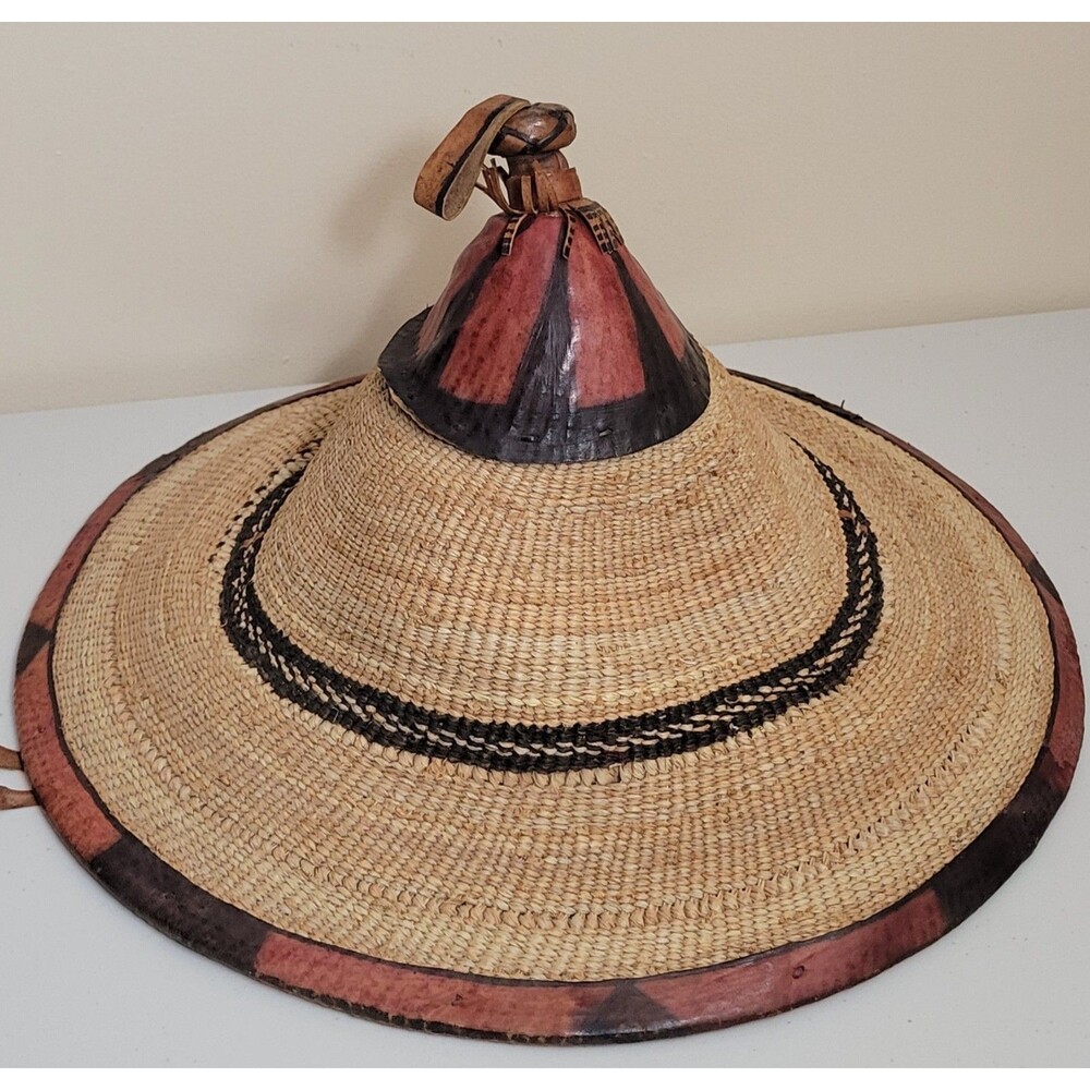 Vintage Fulani Straw & Leather Hat Mali West Africa Tribal Conical Kill Tony Pod